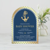 Invitation Baby shower d'arche d'Ancre en or bleu marine (Debout devant)