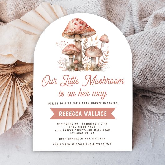 Invitation Baby shower d'arche de champignon rose de la forêt