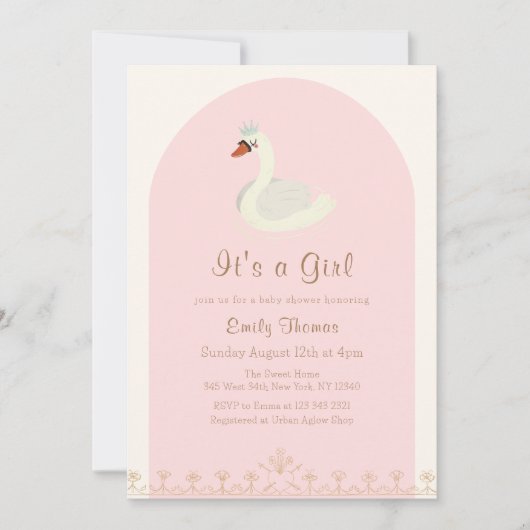 Invitation Baby shower d'arche de cygne rose Élégant (Devant)