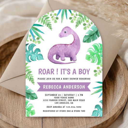 Invitation Baby shower d'arche de dinosaure bleu et violet mo