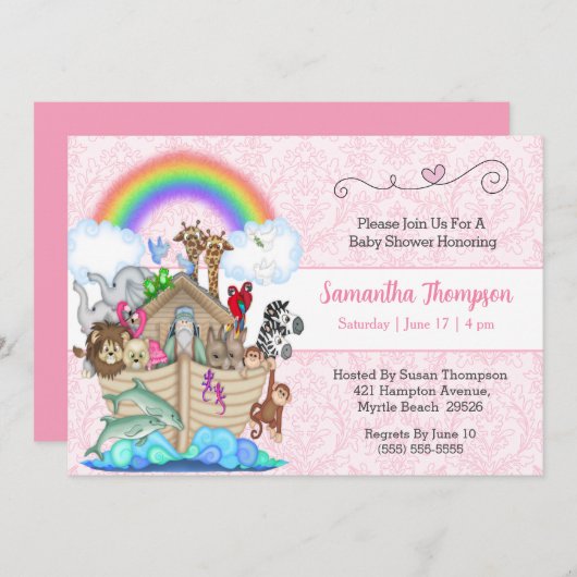 Invitation Baby shower d'arche de Pink Noah (Devant / Derrière)