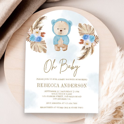Invitation Baby shower d'arche d'ours en peluche bleu Floral