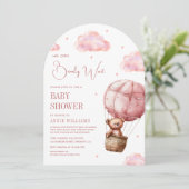 Invitation Baby shower d'arche d'ours en peluche rose à air c (Debout devant)