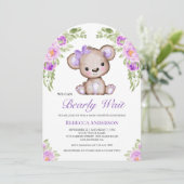 Invitation Baby shower d'arche d'ours en peluche violet (Debout devant)