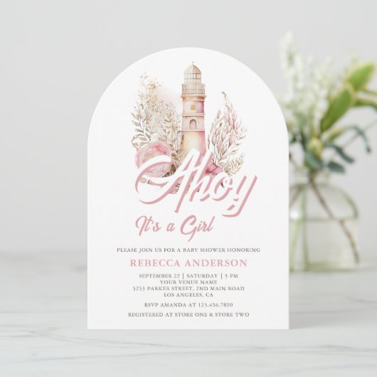 Invitation Baby shower d'arche marine rose Floral (Debout devant)