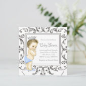 Invitation Baby shower d'argent et de prince bleu (Debout devant)