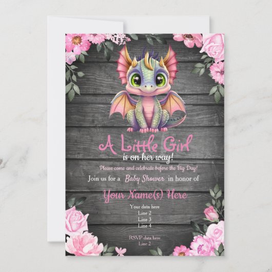 Invitation Baby shower Dargon rose, rustique (Devant)