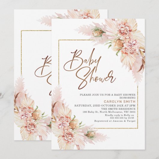 Invitation Baby shower d'arrangement floral sec Boho (Devant / Derrière)