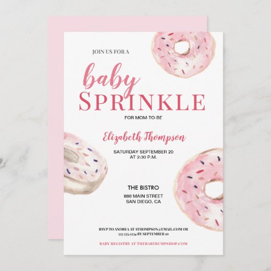 Invitation Baby shower d'arrosage de beignets rose (Devant / Derrière)
