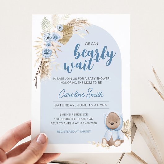 Invitation Baby shower d'attente Bearly Boho bleu