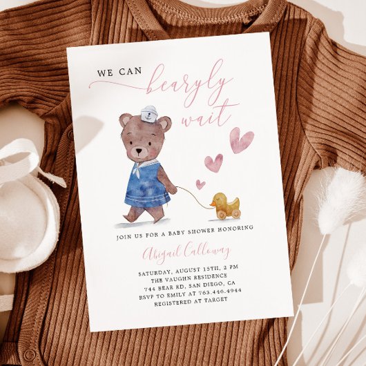 Invitation Baby shower d'attente de l'ours rose