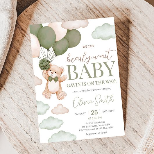 Invitation Baby shower d'attente de l'ours vert
