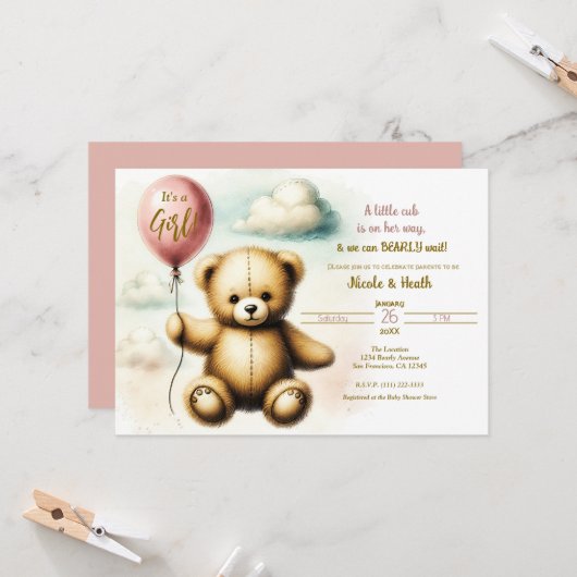 Invitation Baby shower d'attente rapide de l'ours en peluche (Devant/Arrière en situation)
