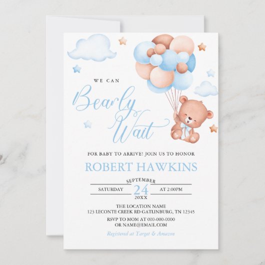 Invitation Baby shower d'attente rapide de l'ours en peluche (Devant)