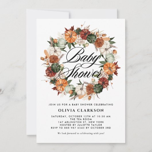 Invitation Baby shower d'automne Boho Citrouilles Wreath (Devant)