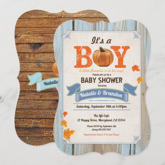 Invitation baby shower d'automne Bois citrouille r (Devant / Derrière)