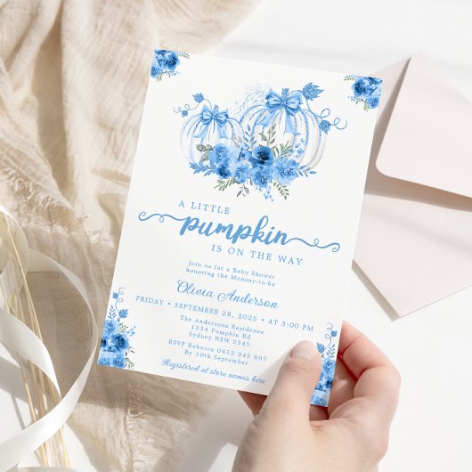 Invitation Baby shower d'automne Citrouille bleu