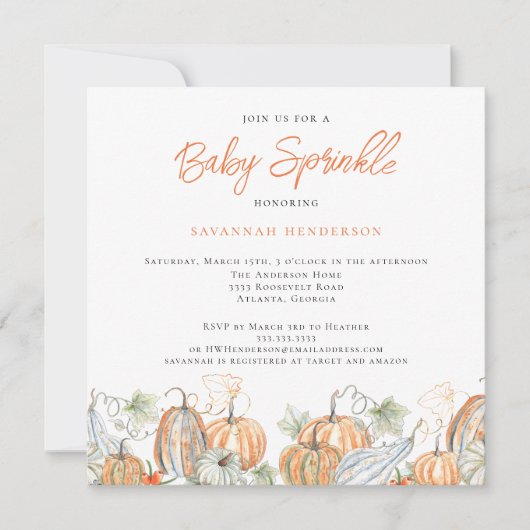 Invitation Baby shower d'automne Citrouille d'arrosage pour b (Devant)