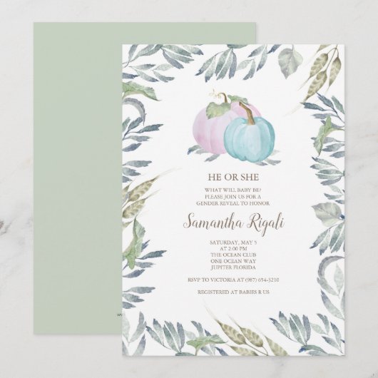 Invitation Baby shower d'automne Citrouille de la révélation  (Devant / Derrière)