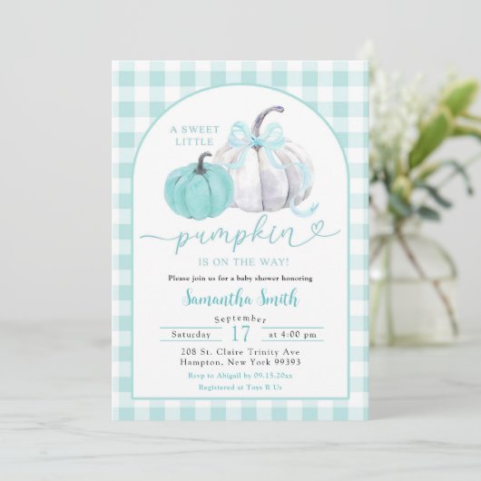 Invitation Baby shower d'automne Citrouille de menthe verte P (Debout devant)