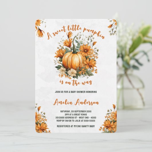 Invitation Baby shower d'automne Citrouille doux aquarelle (Debout devant)