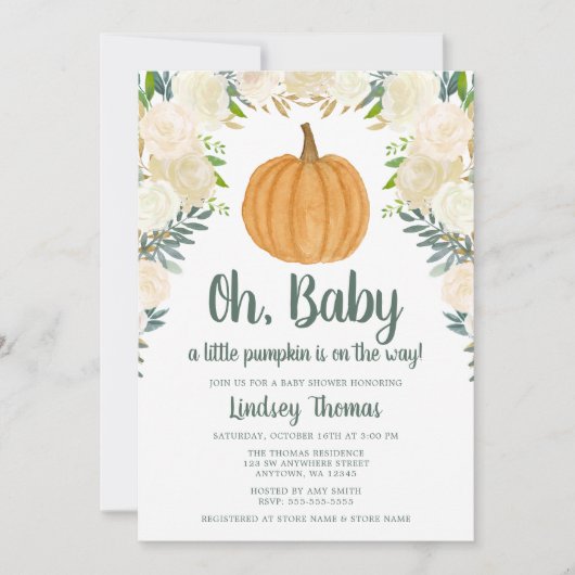 Invitation Baby shower d'automne Citrouille fleuri vert (Devant)