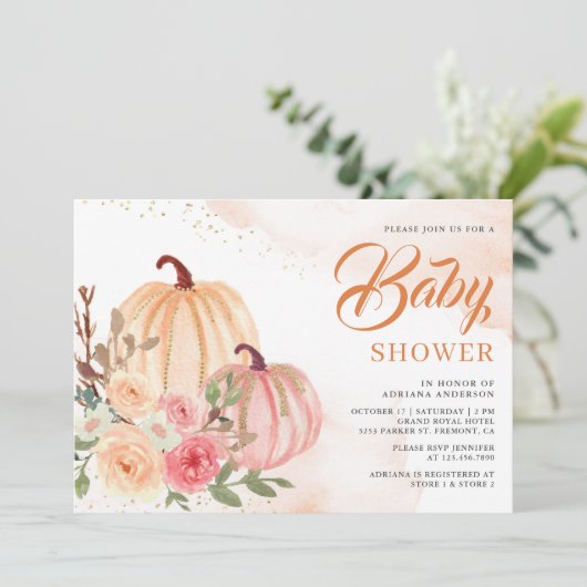 Invitation Baby shower d'automne Citrouille rose et rose (Debout devant)