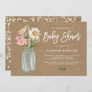 Invitation Baby shower d'automne Daisy Mason Jar Kraft Papier