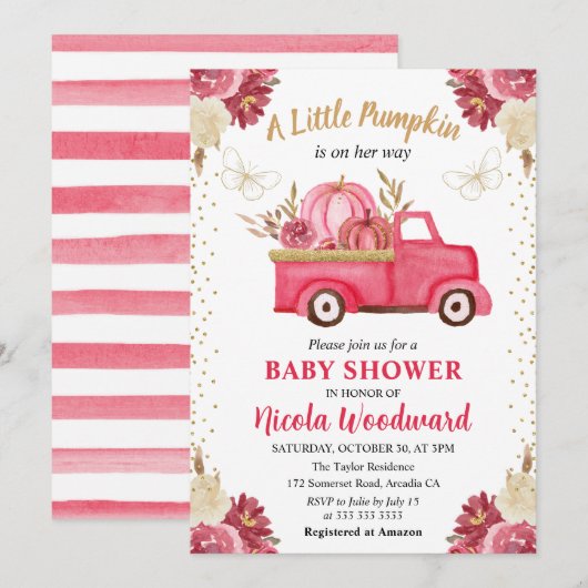 Invitation Baby shower d'automne de camion Citrouille rose et (Devant / Derrière)