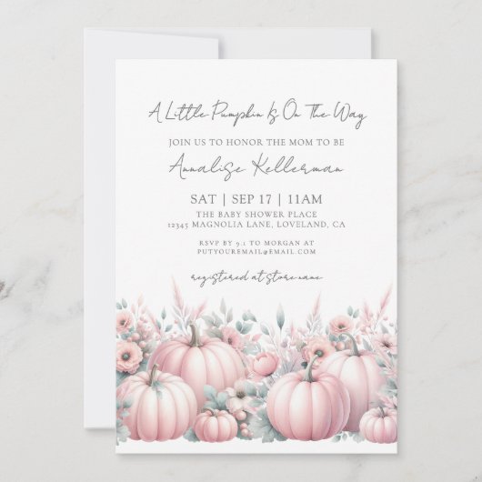 Invitation Baby shower d'automne de fille Citrouille rose (Devant)
