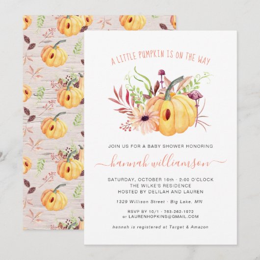 Invitation Baby shower d'automne de la petite Citrouille neut (Devant / Derrière)