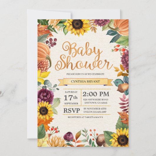 Invitation Baby shower d'automne de tournesol de feuille (Devant)
