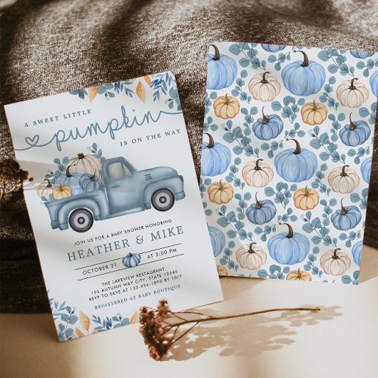 Invitation Baby shower d'automne doux Petit Citrouille bleu