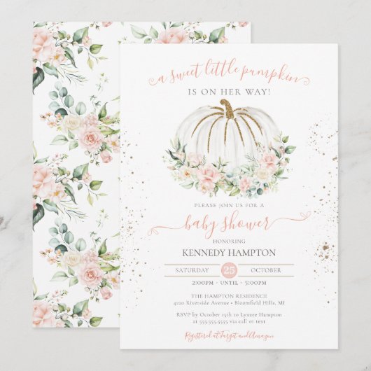 Invitation Baby shower d'automne doux petit Citrouille rose d (Devant / Derrière)