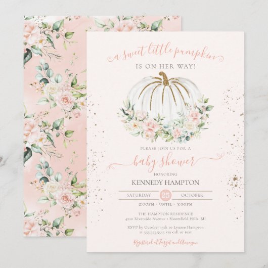 Invitation Baby shower d'automne doux petit Citrouille rose d (Devant / Derrière)
