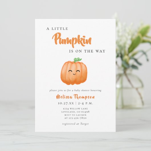 Invitation Baby shower d'automne du petit Citrouille (Debout devant)