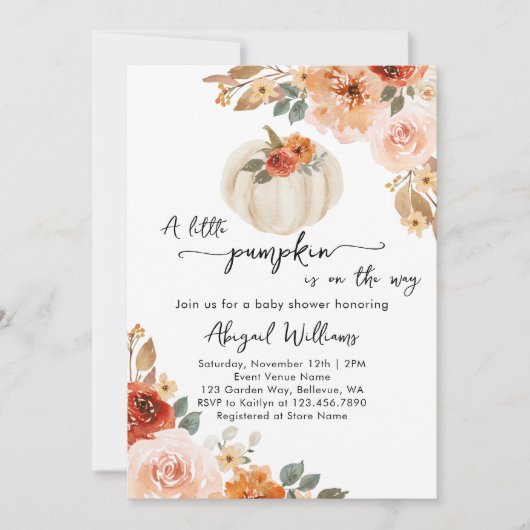 Invitation Baby shower d'automne du Petit Citrouille (Devant)