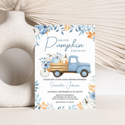 Invitation Baby shower d'automne du petit Citrouille Blue Tru