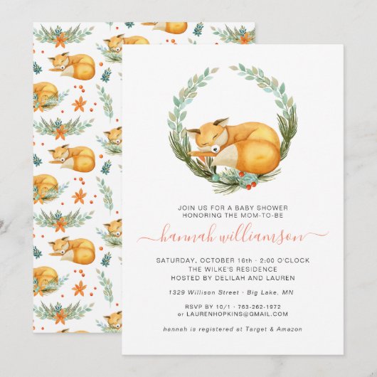 Invitation Baby shower d'automne du renard boisé (Devant / Derrière)