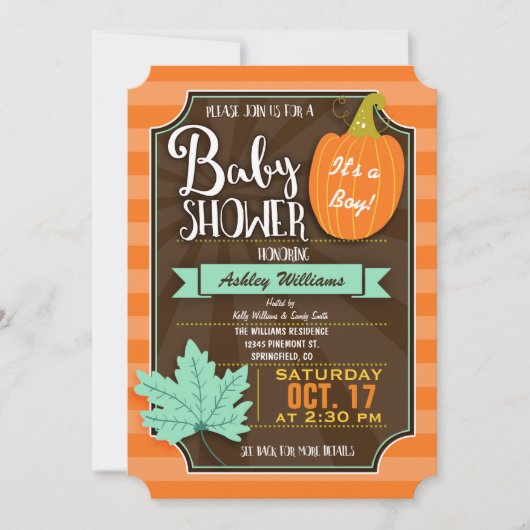 Invitation Baby shower d'automne ou d'Halloween Brown et oran (Devant)