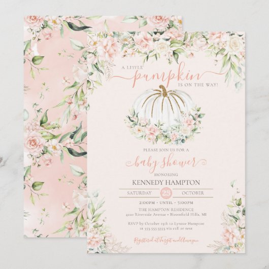 Invitation Baby shower d'automne rose pâle petit Citrouille (Devant / Derrière)