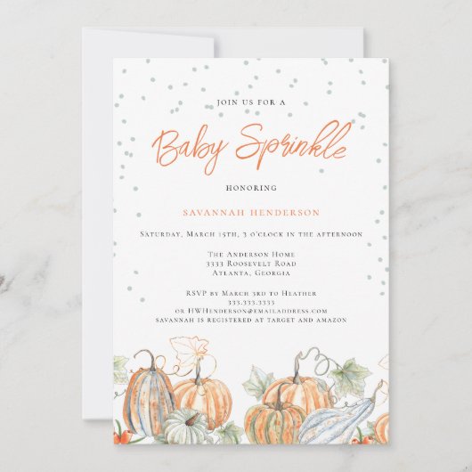 Invitation Baby shower d'automne rustique Saupoudrer Citrouil (Devant)
