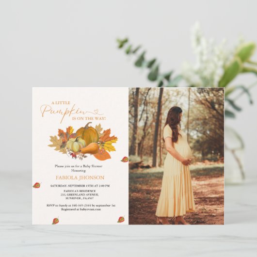 Invitation Baby shower d'automne un peu citrouille (Debout devant)