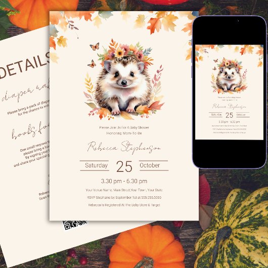 Invitation Baby shower d'automne Woodland Cute Hedgehog Code 