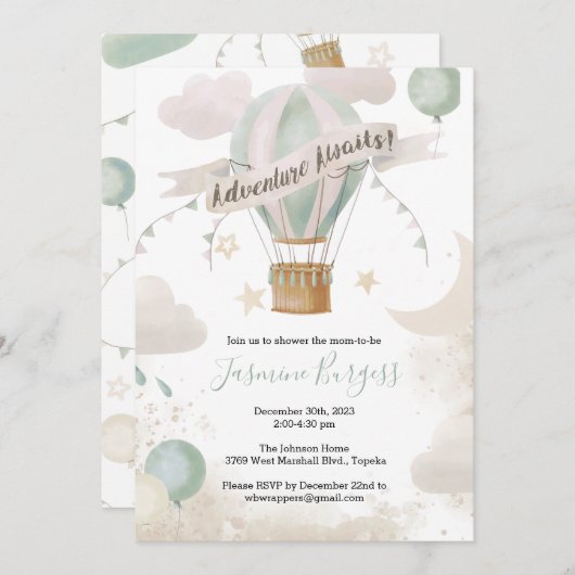 Invitation Baby shower d'aventure à ballon à air c (Devant / Derrière)