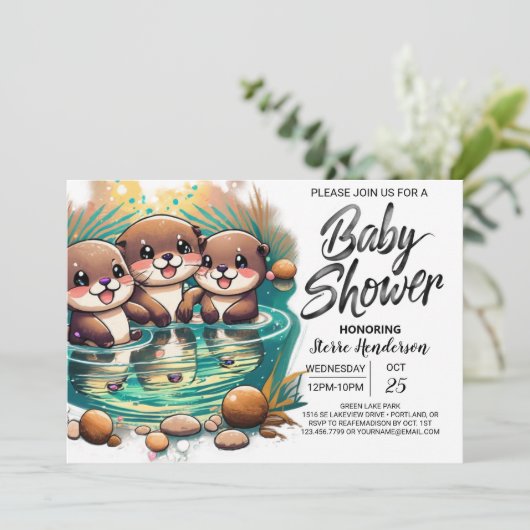 Invitation Baby shower d'aventure Boho Otter (Debout devant)
