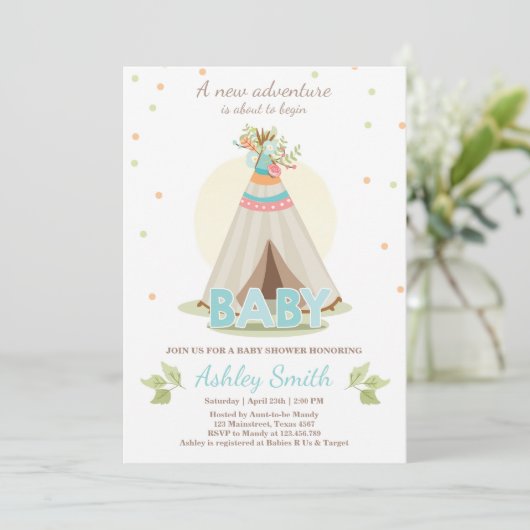 Invitation baby shower d'aventure Boy Teepee Boho (Debout devant)