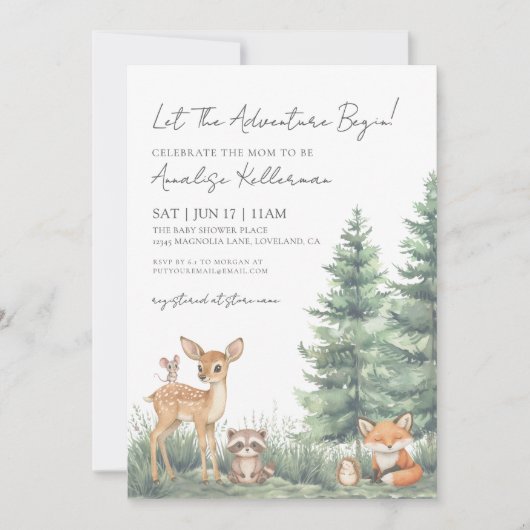 Invitation Baby shower d'aventure des animaux forestiers de b (Devant)