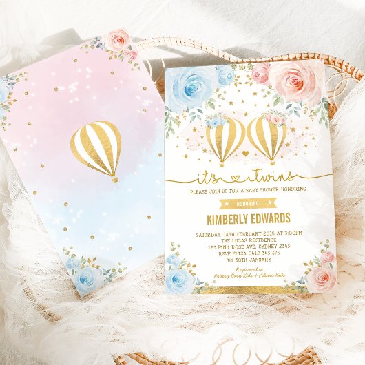 Invitation Baby shower d'aventure Twins Hot Air Balloon
