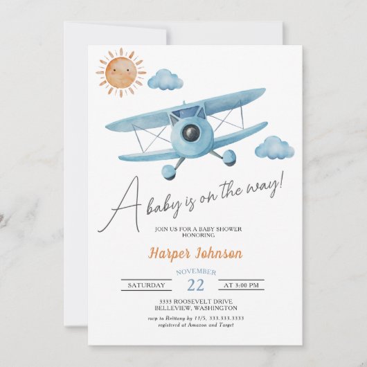 Invitation Baby shower d'avion bleu (Devant)